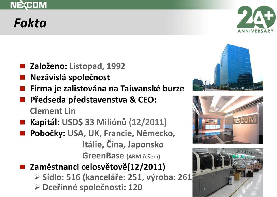 Pobočky: USA, UK, Francie, Německo, Itálie, Čína, Japonsko GreenBase (ARM řešení)