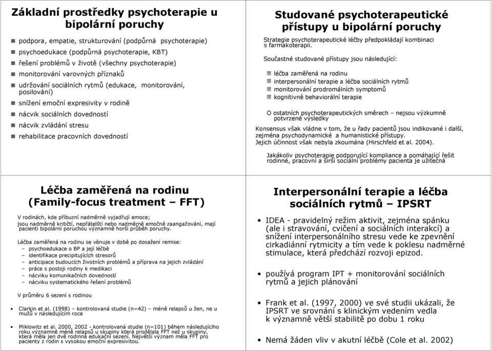 rehabilitace pracovních dovedností Studované psychoterapeutické přístupy u bipolární poruchy Strategie psychoterapeutické léčby předpokládají kombinaci s farmakoterapii.