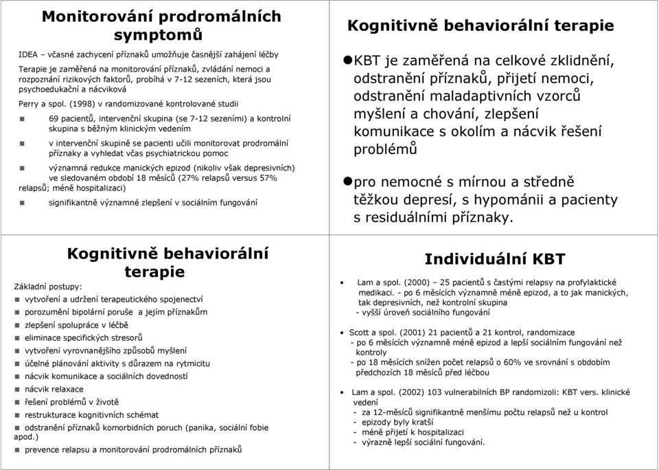 (1998) v randomizované kontrolované studii 69 pacientů, intervenční skupina (se 7-12 sezeními) a kontrolní skupina s běžným klinickým vedením v intervenční skupině se pacienti učili monitorovat