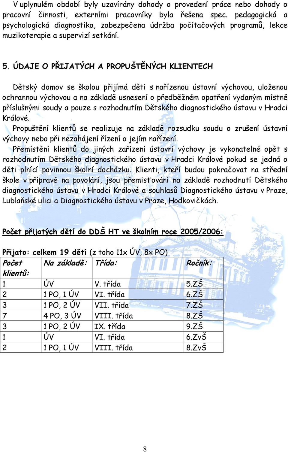 ÚDAJE O PŘIJATÝCH A PROPUŠTĚNÝCH KLIENTECH Dětský domov se školou přijímá děti s nařízenou ústavní výchovou, uloženou ochrannou výchovou a na základě usnesení o předběžném opatření vydaným místně