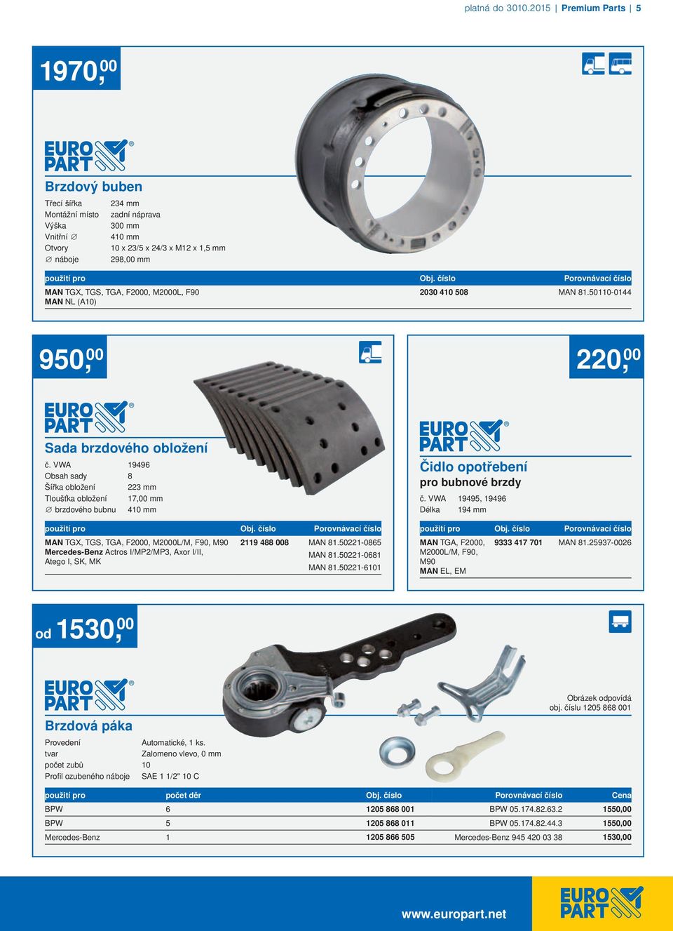 číslo MAN TGX, TGS, TGA, F2000, M2000L, F90 MAN NL (A10) 2030 410 508 MAN 81.50110-0144 950, 00 220, 00 Sada brzdového obložení č.