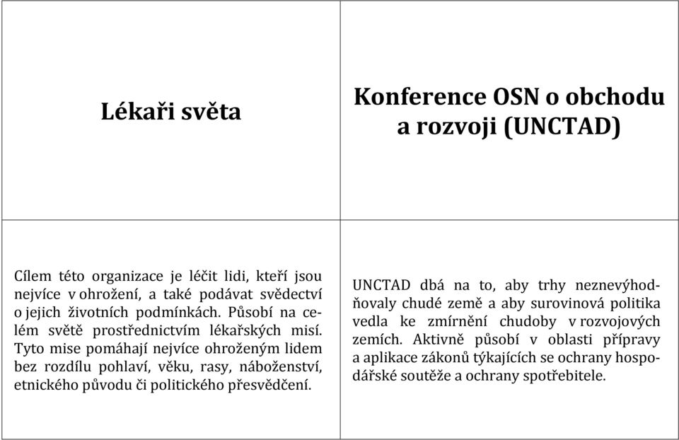 Tyto mise pomáhají nejvíce ohroženým lidem bez rozdílu pohlaví, věku, rasy, náboženství, etnického původu či politického přesvědčení.