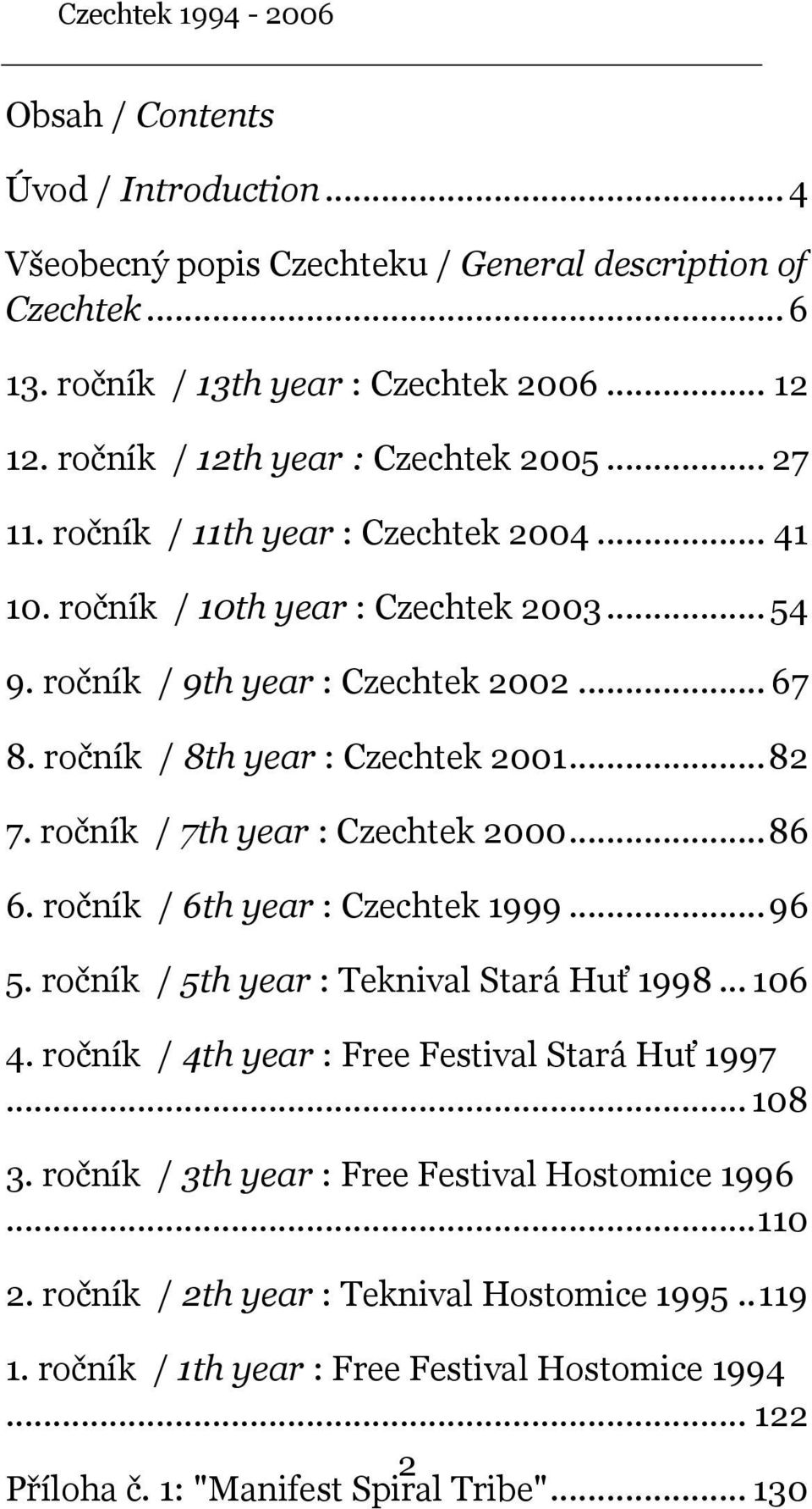 ročník / 7th year : Czechtek 2000... 86 6. ročník / 6th year : Czechtek 1999... 96 5. ročník / 5th year : Teknival Stará Huť 1998... 106 4. ročník / 4th year : Free Festival Stará Huť 1997... 108 3.