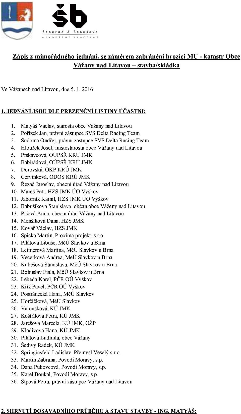 Hloužek Josef, místostarosta obce Vážany nad Litavou 5. Prskavcová, OÚPSŘ KRÚ JMK 6. Babirádová, OÚPSŘ KRÚ JMK 7. Dorovská, OKP KRÚ JMK 8. Červinková, ODOS KRÚ JMK 9.