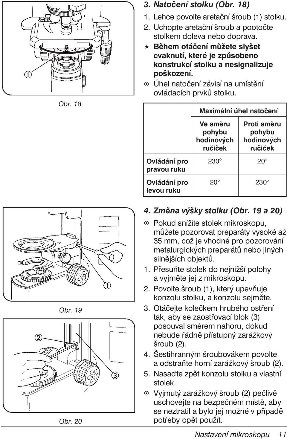 Ovládání pro pravou ruku Ovládání pro levou ruku Maximální úhel natočení Ve směru pohybu hodinových ručiček Proti směru pohybu hodinových ručiček 230 20 20 230 4. Změna výšky stolku (Obr.