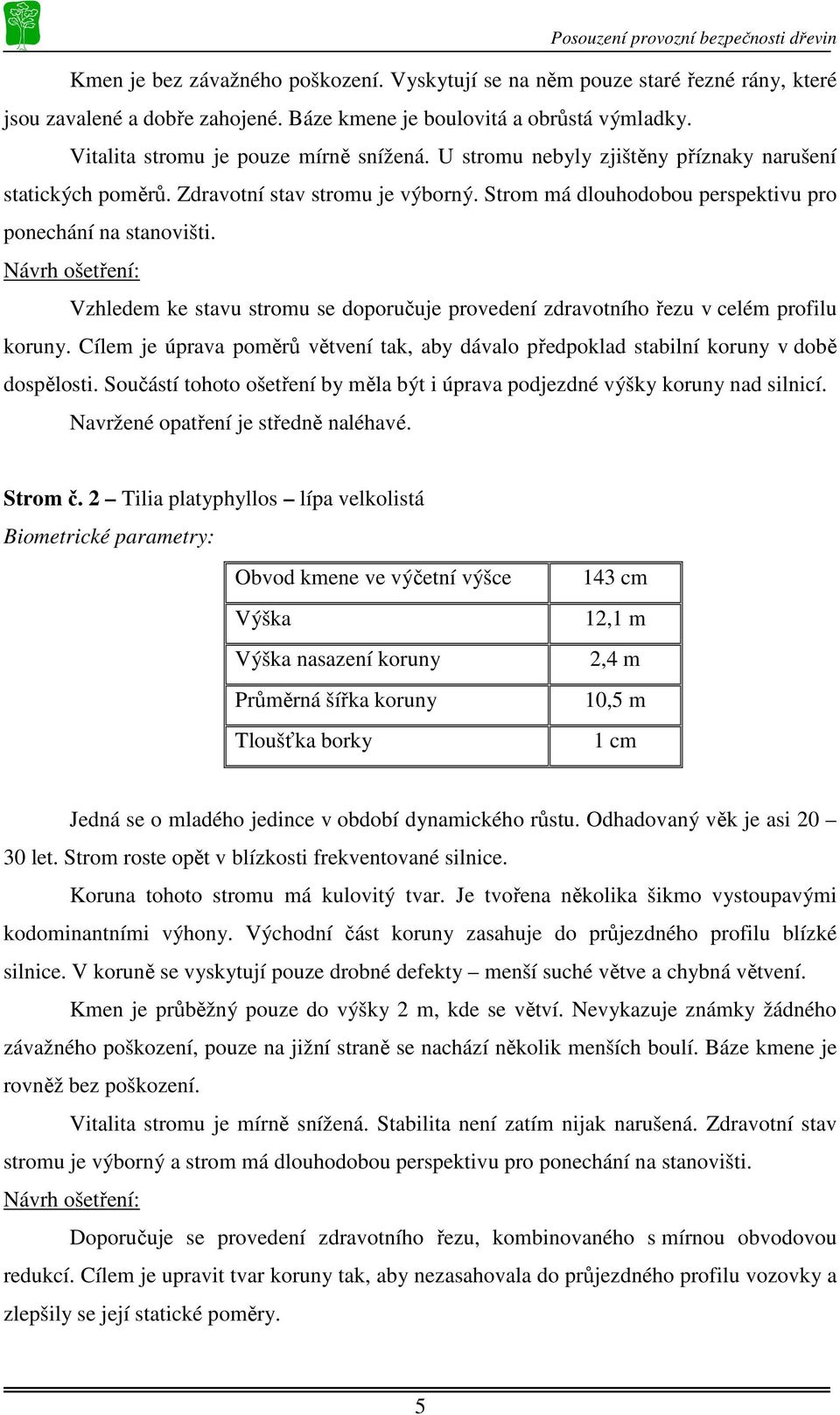 Vzhledem ke stavu stromu se doporučuje provedení zdravotního řezu v celém profilu koruny. Cílem je úprava poměrů větvení tak, aby dávalo předpoklad stabilní koruny v době dospělosti.