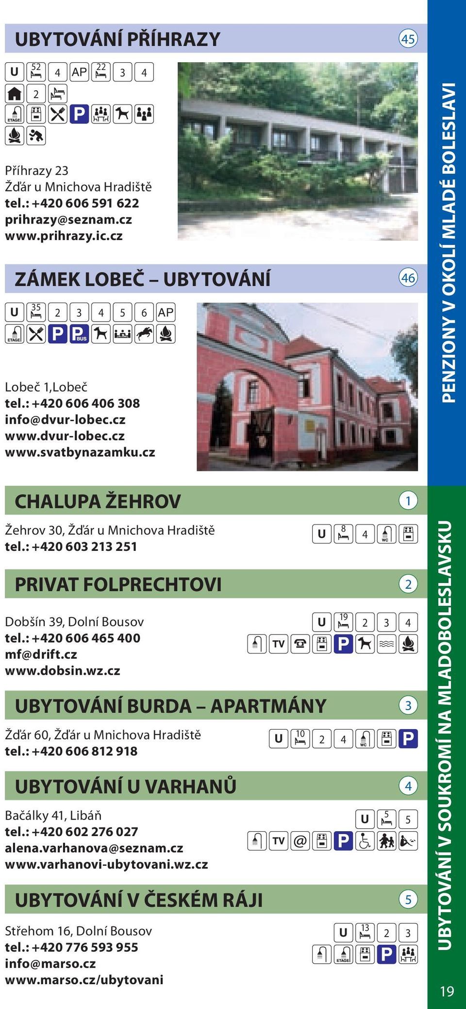 : +40 603 13 51 PRIVAT FOLPRECHTOVI Dobšín 39, Dolní Bousov tel.: +40 606 465 400 mf@drift.cz www.dobsin.wz.cz UBYTOVÁNÍ BURDA APARTMÁNY Žďár 60, Žďár u Mnichova Hradiště tel.