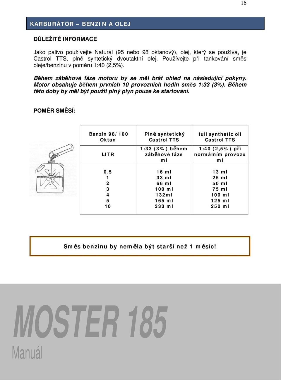 Motor obsahuje během prvních 10 provozních hodin směs 1:33 (3%). Během této doby by měl být použit plný plyn pouze ke startování.