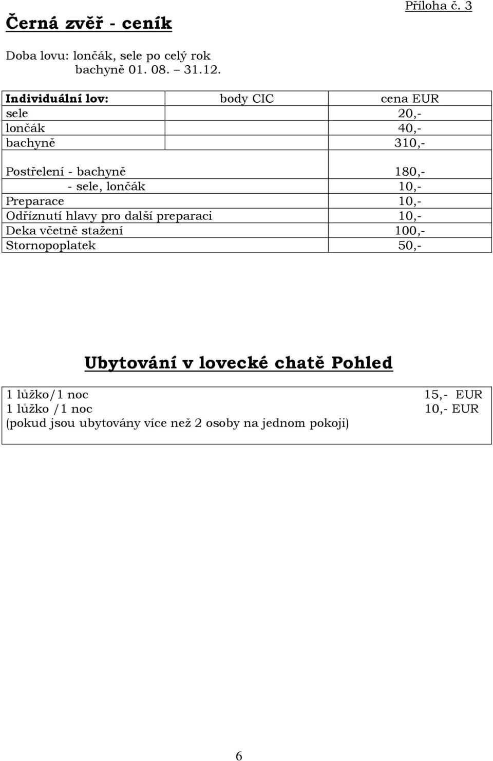 lončák 10,- Preparace 10,- Odříznutí hlavy pro další preparaci 10,- Deka včetně stažení 100,- Stornopoplatek