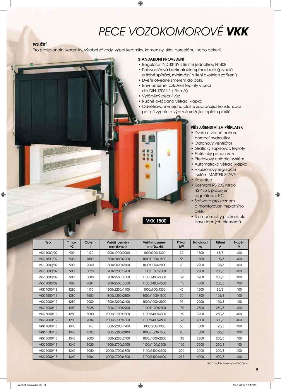 teploty v peci dle DIN 17052-1 (třída A) ytápěný pecní vůz Ručně ovládaná větrací klapka Odvětrávání vnějšího pláště zabraňující kondenzaci par při výpalu a výrazně snižující teplotu pláště KK 1500