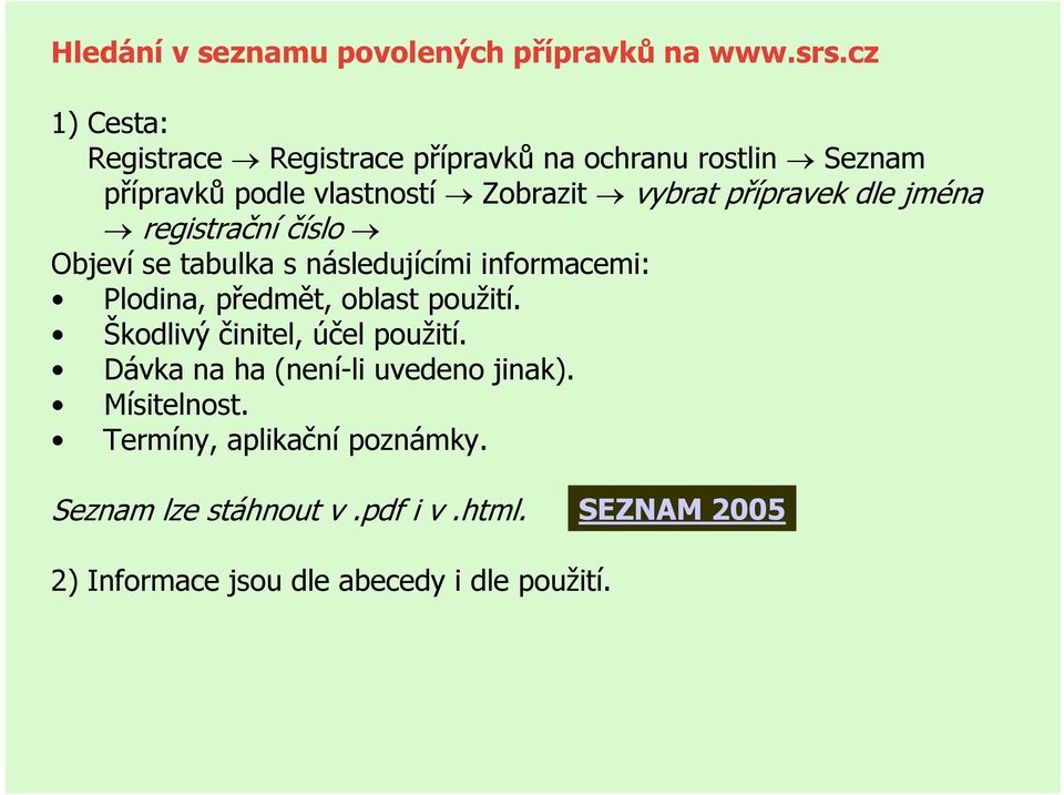 přípravek dle jména registrační číslo Objeví se tabulka s následujícími informacemi: Plodina, předmět, oblast použití.