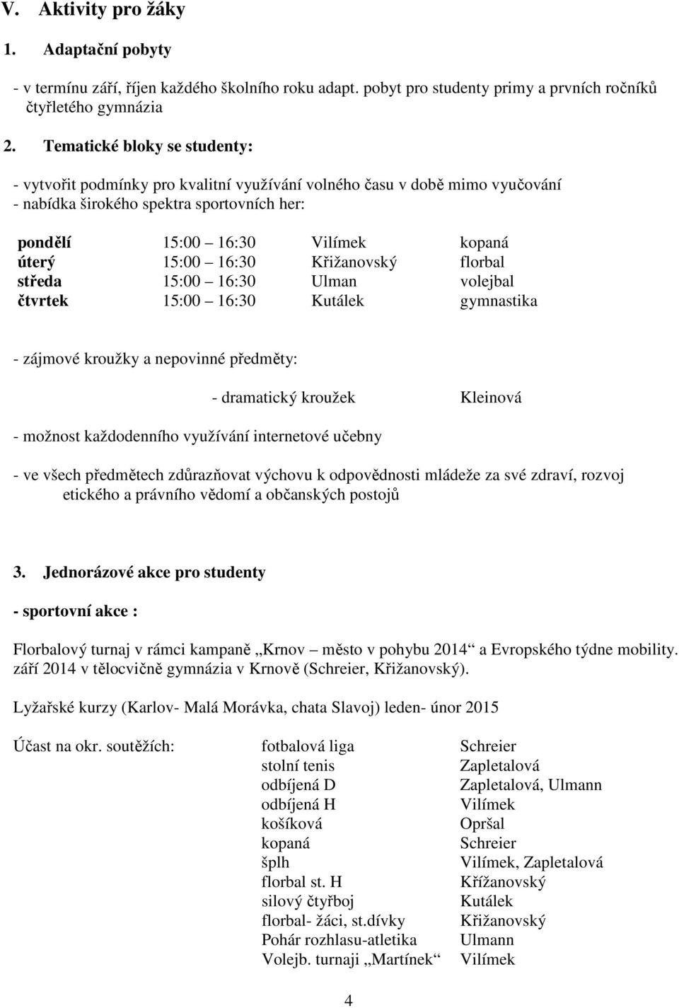 16:30 Křižanovský florbal středa 15:00 16:30 Ulman volejbal čtvrtek 15:00 16:30 Kutálek gymnastika - zájmové kroužky a nepovinné předměty: - dramatický kroužek Kleinová - možnost každodenního