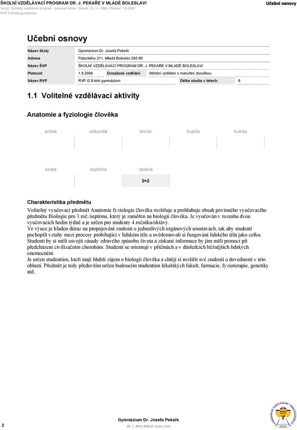 1 Volitelné vzdělávací aktivity prima sekunda tercie kvarta kvinta sexta 0+2 Charakteristika předmětu Volitelný vyučovací předmět Anatomie fyziologie člověka rozšiřuje a prohlubuje obsah povinného