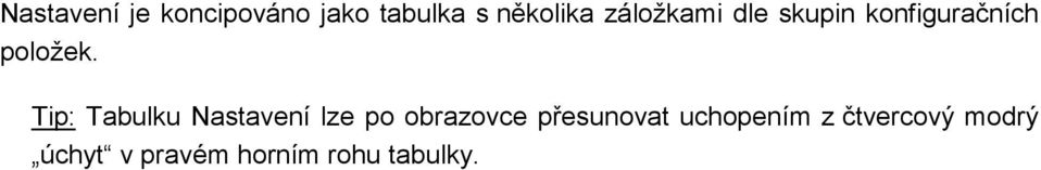 Tip: Tabulku Nastavení lze po obrazovce přesunovat