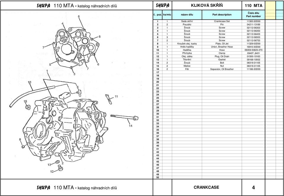 trysky Plate, Oil Jet 113-03D00 9 1 Hrdlo hadičky Union, Breather Hose 910-D00 10 1 Hadička Hose 099-8-0 11 1 Příchytka Clamp 097-,81 1