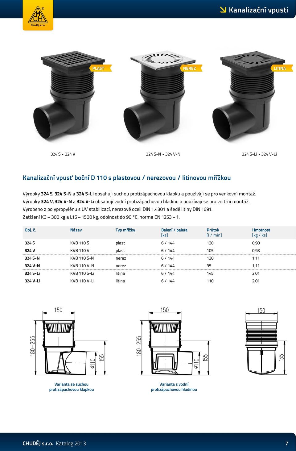 Vyrobeno z polypropylénu s UV stabilizací, nerezové oceli DIN 1.4301 a šedé litiny DIN 1691. Zatížení K3 300 kg a L15 1500 kg, odolnost do 90 C, norma EN 1253 1. Obj. č.