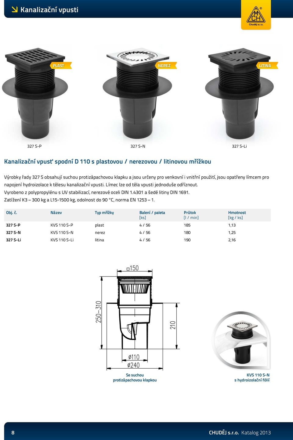 Vyrobeno z polypropylénu s UV stabilizací, nerezové oceli DIN 1.4301 a šedé litiny DIN 1691. Zatížení K3 300 kg a L15-1500 kg, odolnost do 90 C, norma EN 1253 1. Obj. č.