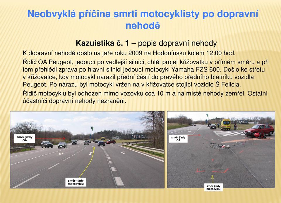 Došlo ke střetu v křižovatce, kdy motocykl narazil přední částí do pravého předního blatníku vozidla Peugeot.