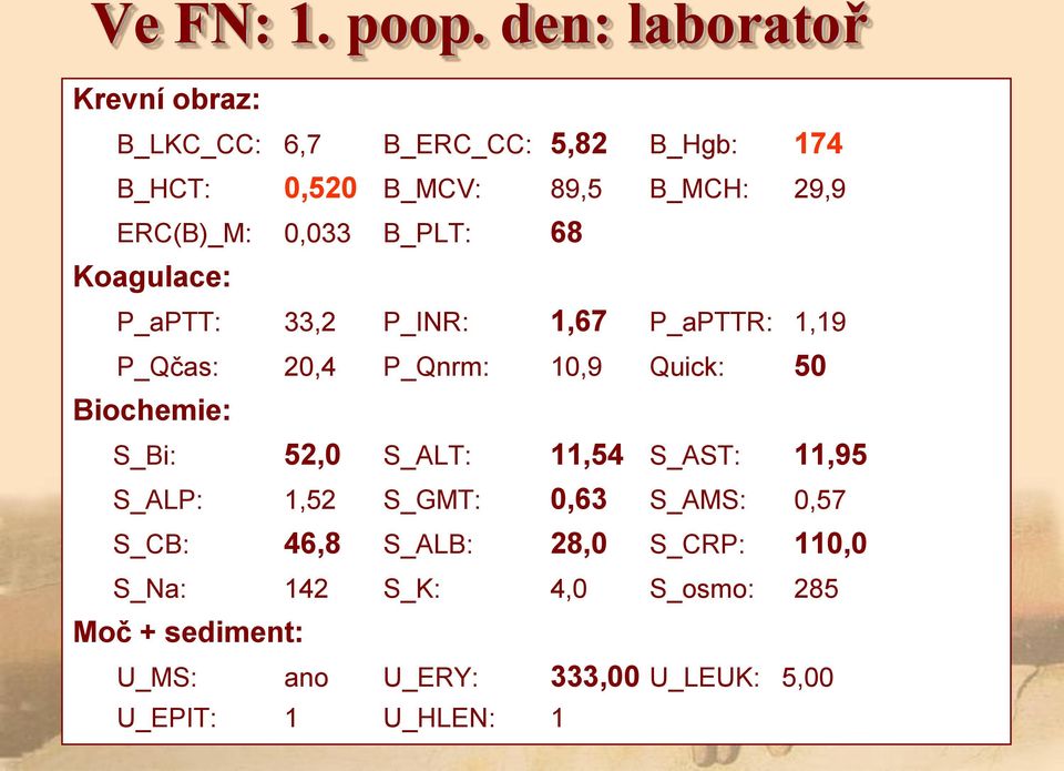 ERC(B)_M: 0,033 B_PLT: 68 Koagulace: P_aPTT: 33,2 P_INR: 1,67 P_aPTTR: 1,19 P_Qčas: 20,4 P_Qnrm: 10,9 Quick: 50