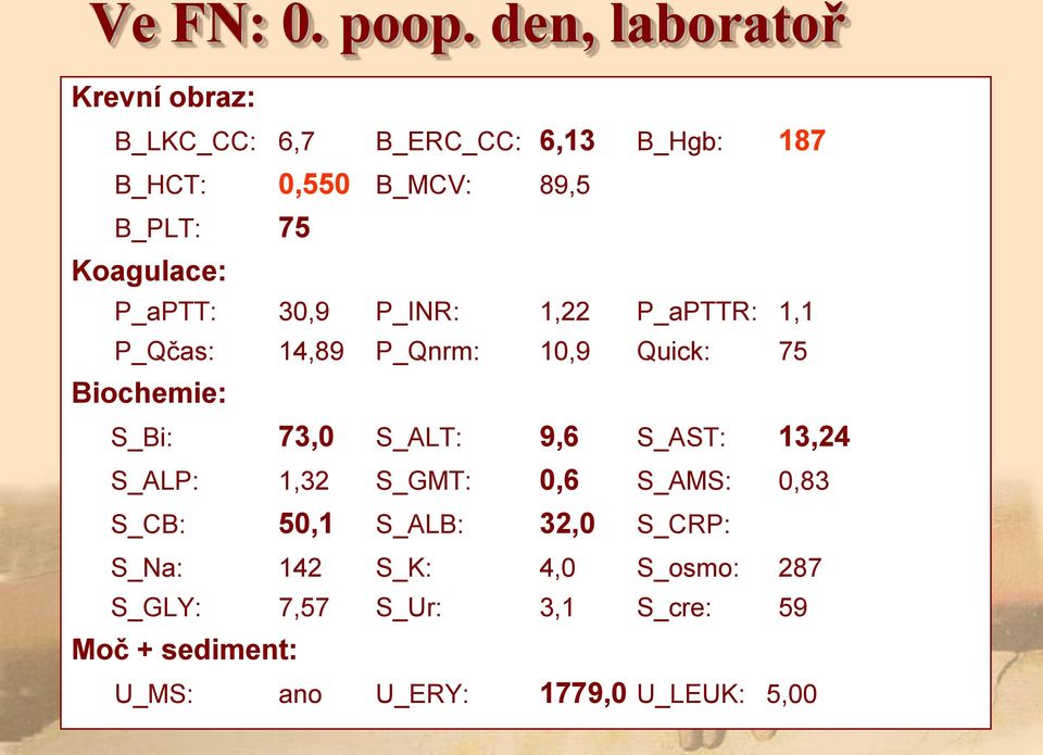 Koagulace: P_aPTT: 30,9 P_INR: 1,22 P_aPTTR: 1,1 P_Qčas: 14,89 P_Qnrm: 10,9 Quick: 75 Biochemie: S_Bi: 73,0