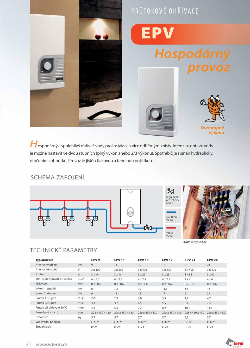 SCHÉM ZPOJENÍ regulační průtokový ventil studená teplá Hydraulický spínač Jmenovitý příkon Jmenovité napětí Jištění Min. průřez přívod. el. vodičů Tlak vody Výkon 1. stupeň Výkon 2. stupeň Průtok 1.