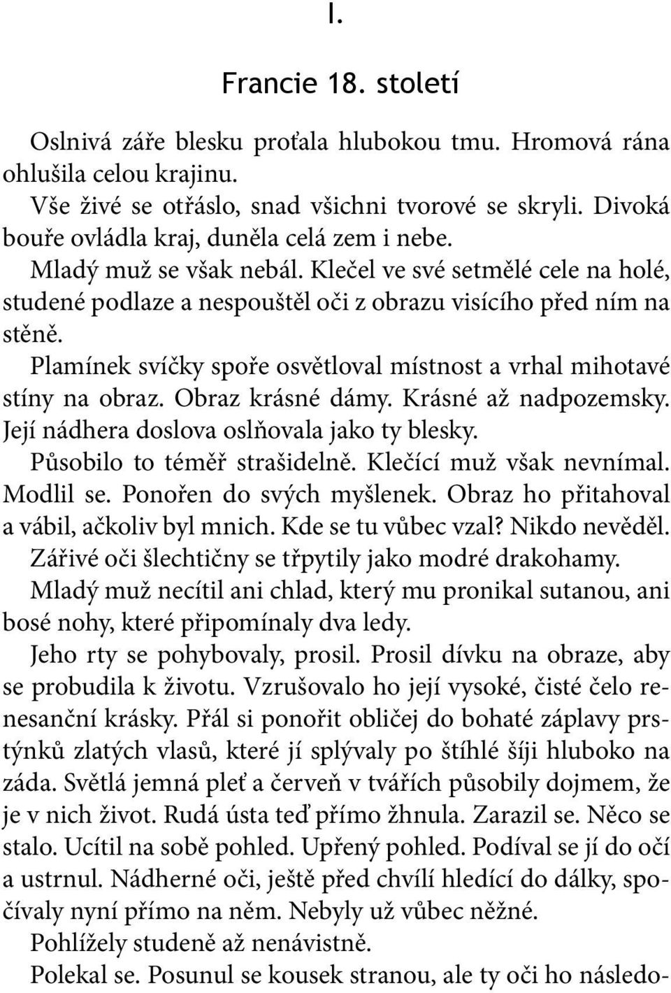 Plamínek svíčky spoře osvětloval místnost a vrhal mihotavé stíny na obraz. Obraz krásné dámy. Krásné až nadpozemsky. Její nádhera doslova oslňovala jako ty blesky. Působilo to téměř strašidelně.