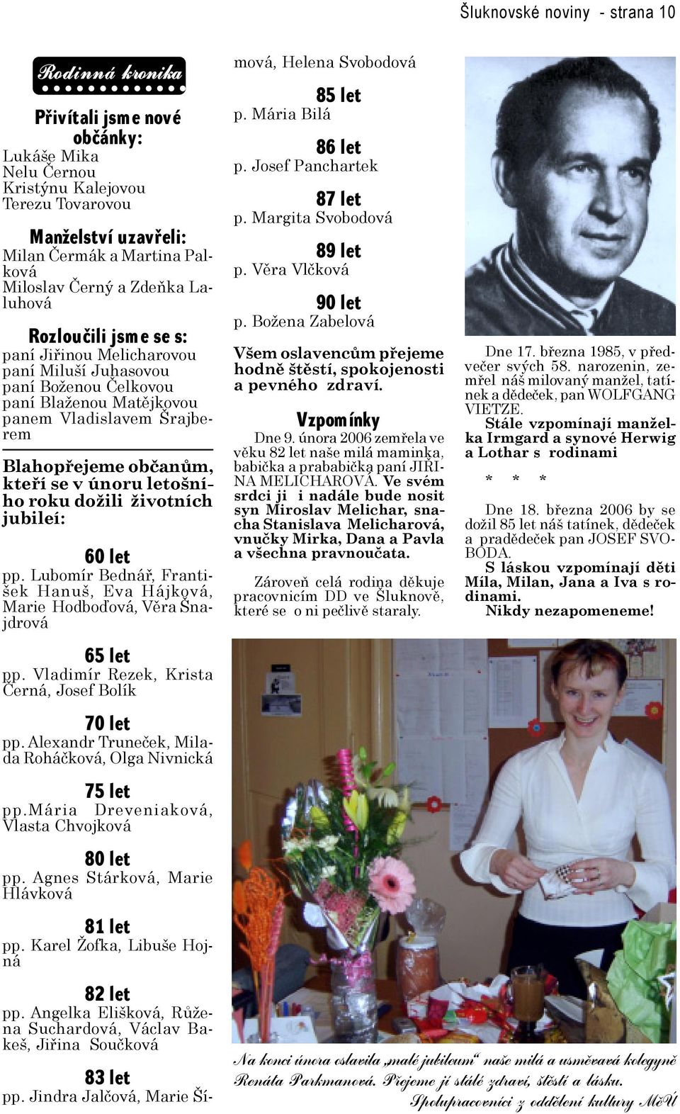 kteří se v únoru letošního roku dožili životních jubileí: 60 let pp. Lubomír Bednář, František Hanuš, Eva Hájková, Marie Hodboďová, Věra Šnajdrová 65 let pp.