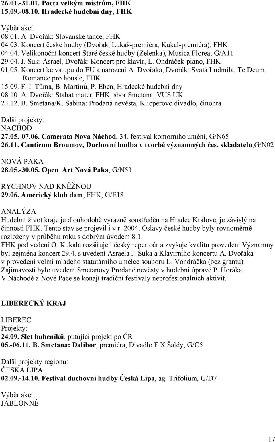 Ondráček-piano, FHK 01.05. Koncert ke vstupu do EU a narození A. Dvořáka, Dvořák: Svatá Ludmila, Te Deum, Romance pro housle, FHK 15.09. F. I. Tůma, B. Martinů, P. Eben, Hradecké hudební dny 08.10. A. Dvořák: Stabat mater, FHK, sbor Smetana, VUS UK 23.