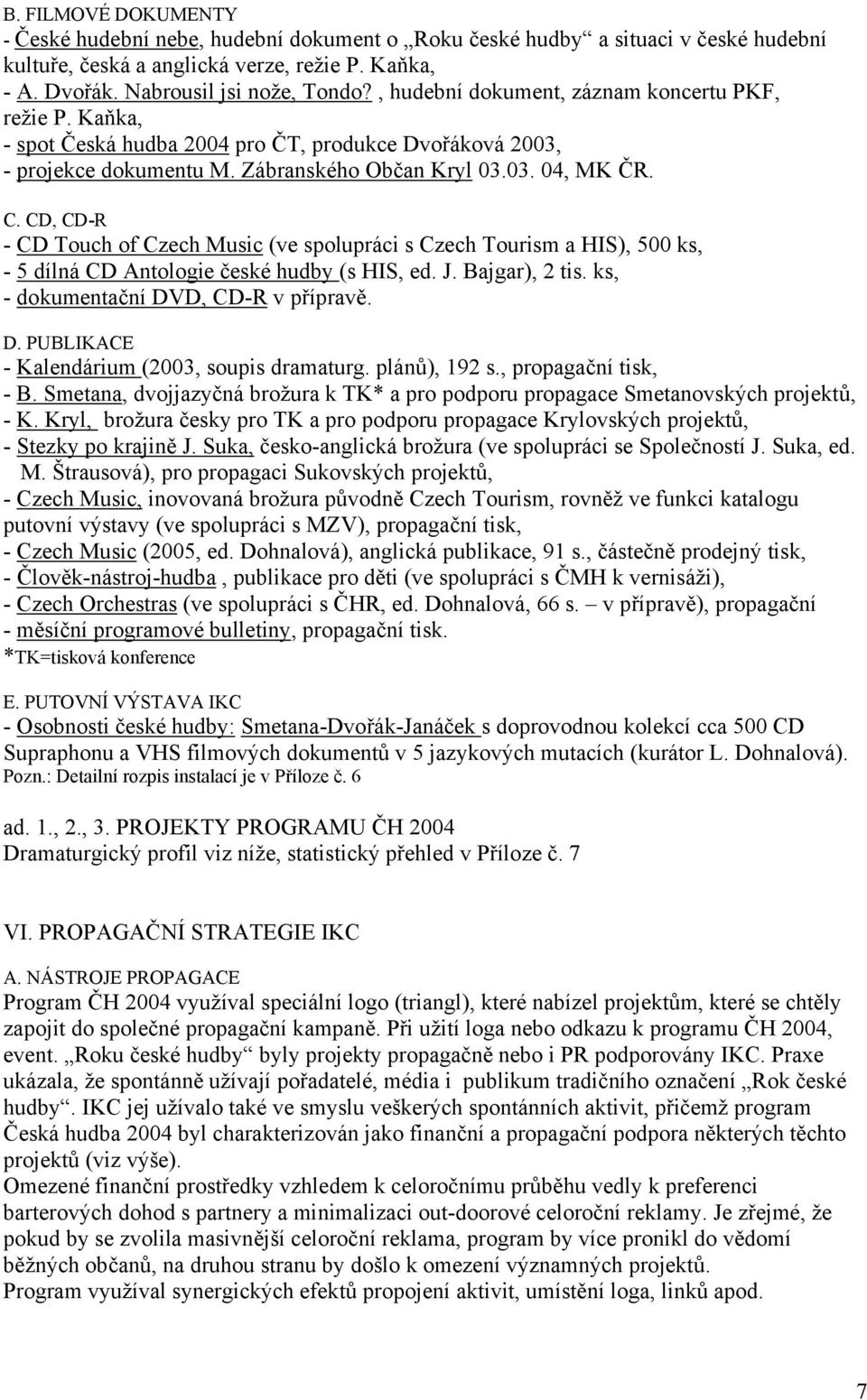 CD, CD-R - CD Touch of Czech Music (ve spolupráci s Czech Tourism a HIS), 500 ks, - 5 dílná CD Antologie české hudby (s HIS, ed. J. Bajgar), 2 tis. ks, - dokumentační DV