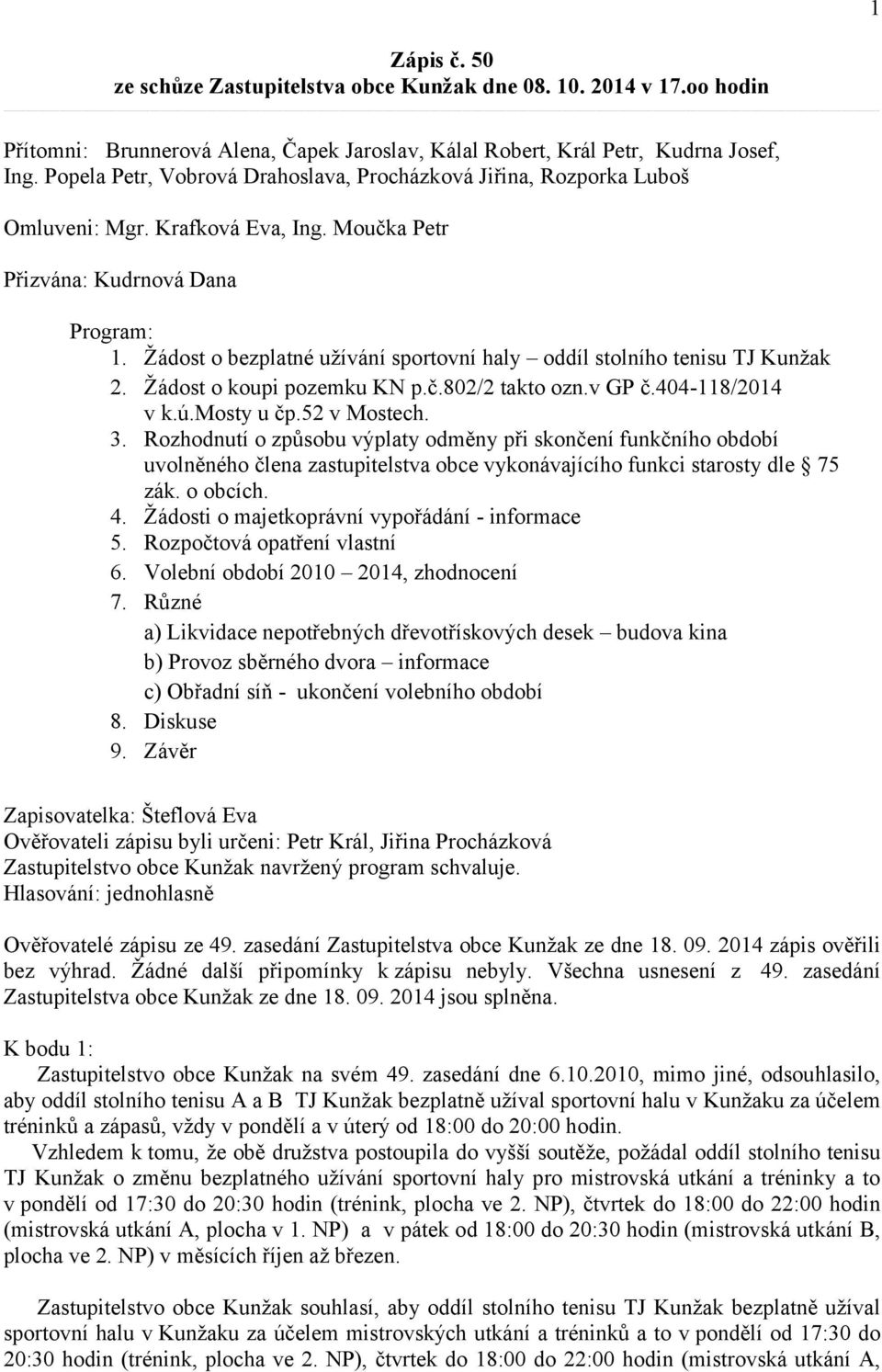 Žádost o bezplatné užívání sportovní haly oddíl stolního tenisu TJ Kunžak 2. Žádost o koupi pozemku KN p.č.802/2 takto ozn.v GP č.404-118/2014 v k.ú.mosty u čp.52 v Mostech. 3.