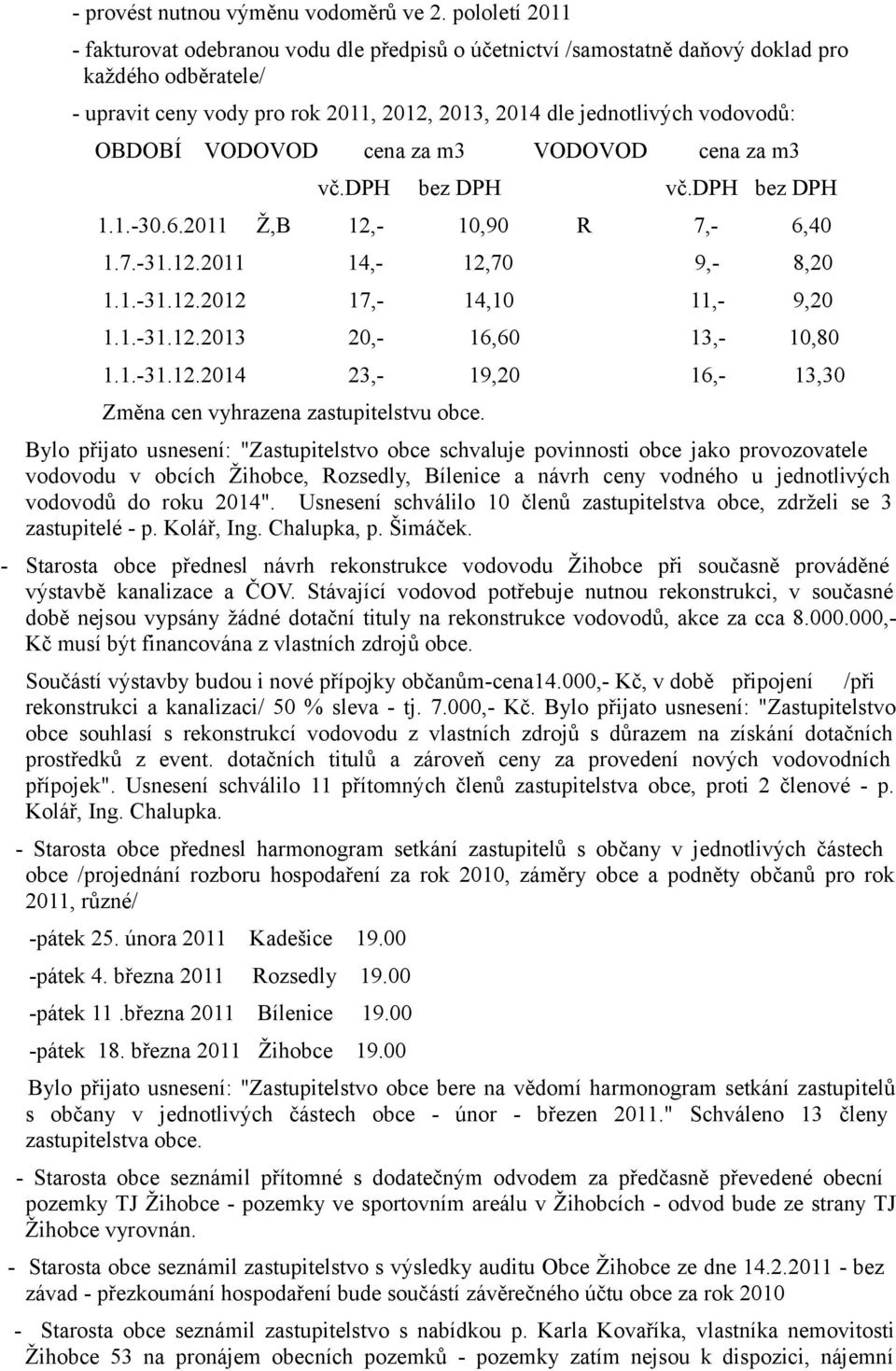 OBDOBÍ VODOVOD cena za m3 VODOVOD cena za m3 vč.dph bez DPH vč.dph bez DPH 1.1.-30.6.2011 Ž,B 12,- 10,90 R 7,- 6,40 1.7.-31.12.2011 14,- 12,70 9,- 8,20 1.1.-31.12.2012 17,- 14,10 11,- 9,20 1.1.-31.12.2013 20,- 16,60 13,- 10,80 1.