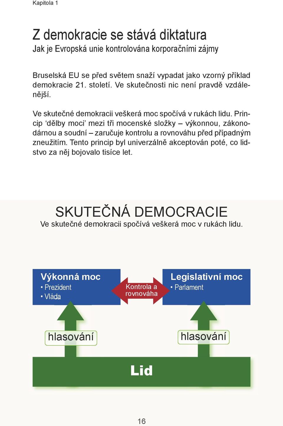 Prin - cip dělby moci mezi tři mocenské složky výkonnou, zákonodárnou a soudní zaručuje kontrolu a rovnováhu před případným zneužitím.