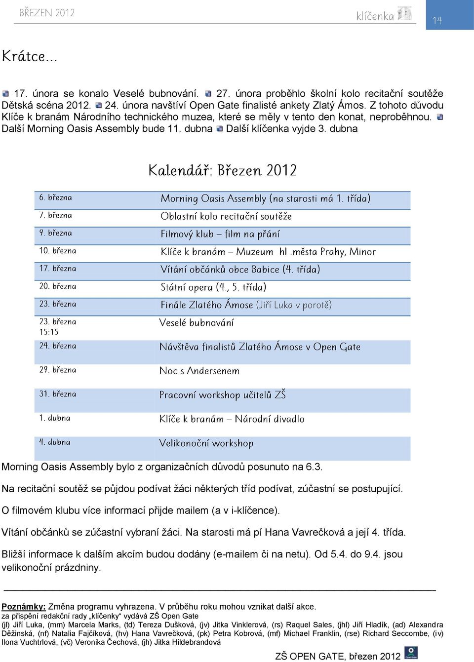 dubna Morning Oasis Assembly bylo z organizačních důvodů posunuto na 6.3. Na recitační soutěţ se půjdou podívat ţáci některých tříd podívat, zúčastní se postupující.