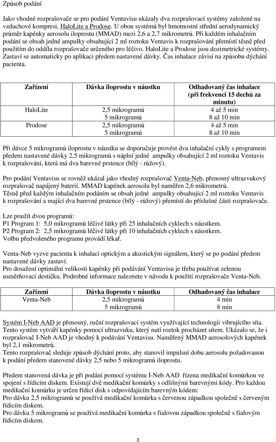 Při každém inhalačním podání se obsah jedné ampulky obsahující 2 ml roztoku Ventavis k rozprašování přemístí těsně před použitím do oddílu rozprašovače určeného pro léčivo.