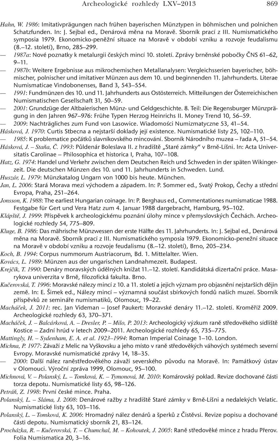 1987a: Nové poznatky k metalurgii českých mincí 10. století. Zprávy brněnské pobočky ČNS 61 62, 9 11.
