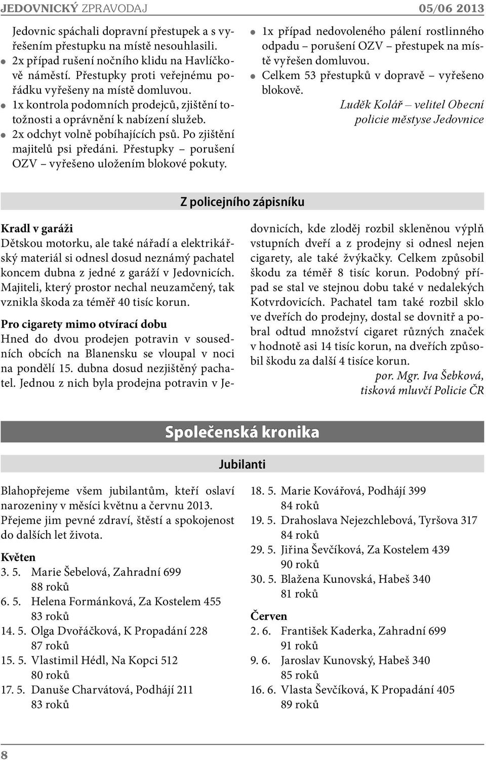 Po zjištění majitelů psi předáni. Přestupky porušení OZV vyřešeno uložením blokové pokuty. 1x případ nedovoleného pálení rostlinného odpadu porušení OZV přestupek na místě vyřešen domluvou.