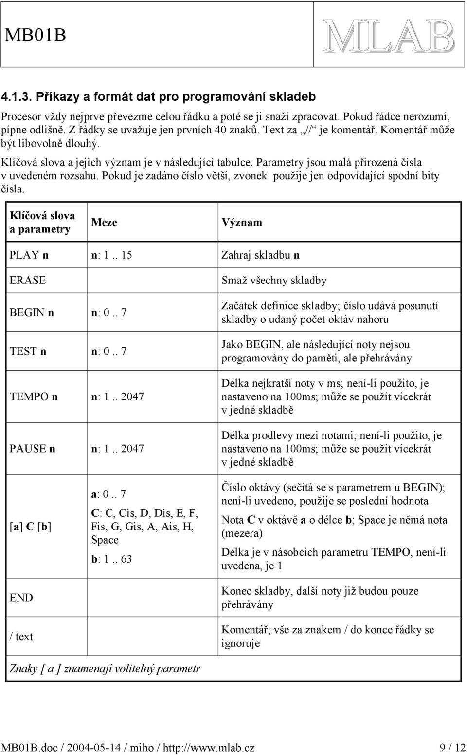 Parametry jsou malá přirozená čísla v uvedeném rozsahu. Pokud je zadáno číslo větší, zvonek použije jen odpovídající spodní bity čísla. Klíčová slova a parametry Meze Význam PLAY n n:.