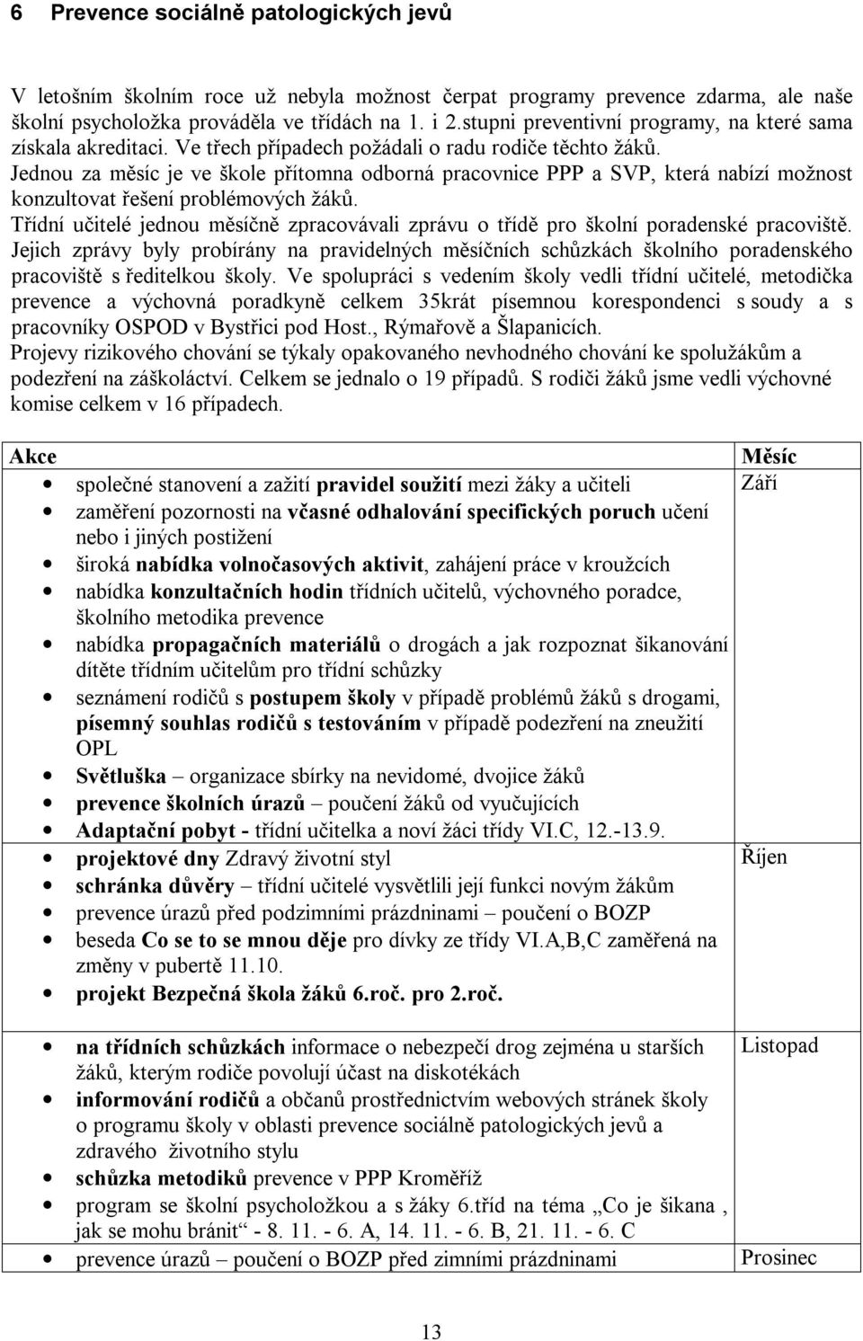 Jednou za měsíc je ve škole přítomna odborná pracovnice PPP a SVP, která nabízí možnost konzultovat řešení problémových žáků.