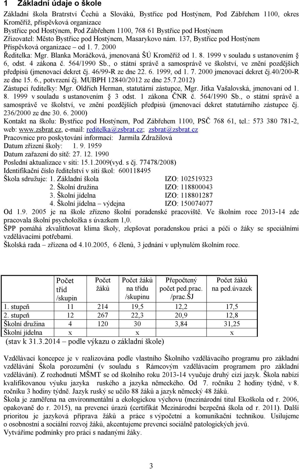 Blanka Moráčková, jmenovaná ŠÚ Kroměříž od 1. 8. 1999 v souladu s ustanovením 6, odst. 4 zákona č. 564/1990 Sb.