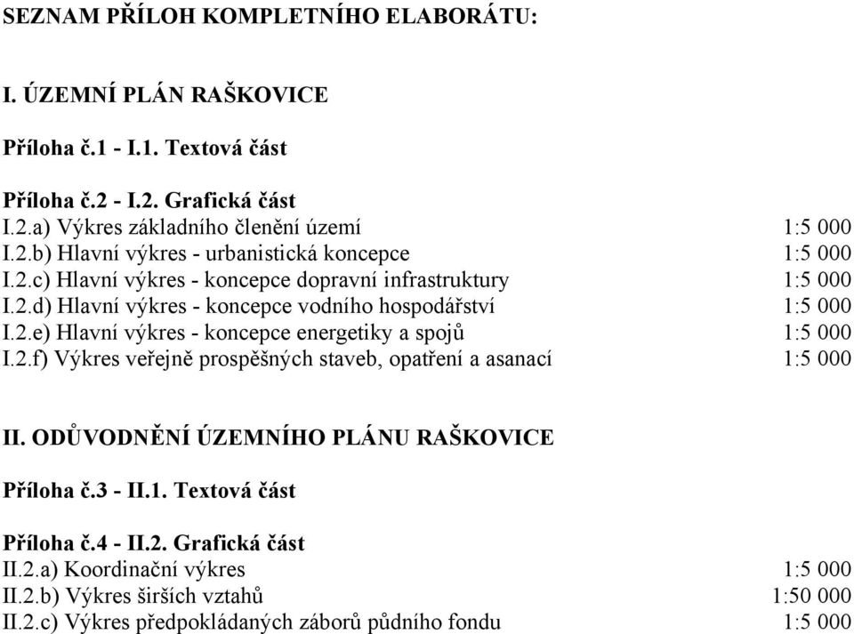 2.f) Výkres veřejně prospěšných staveb, opatření a asanací 1:5 000 II. ODŮVODNĚNÍ ÚZEMNÍHO PLÁNU RAŠKOVICE Příloha č.3 - II.1. Textová část Příloha č.4 - II.2. Grafická část II.2.a) Koordinační výkres 1:5 000 II.