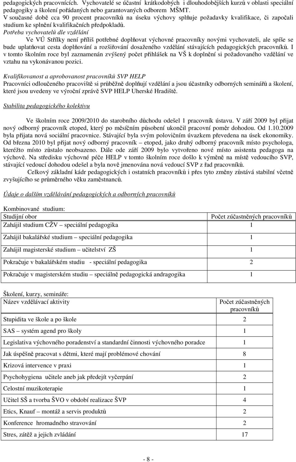 Potřeba vychovatelů dle vzdělání Ve VÚ Střílky není příliš potřebné doplňovat výchovné pracovníky novými vychovateli, ale spíše se bude uplatňovat cesta doplňování a rozšiřování dosaženého vzdělání