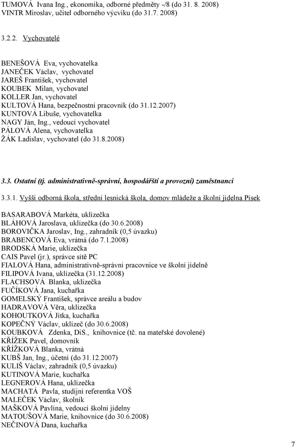 08) 3.2.2. Vychovatelé BENEŠOVÁ Eva, vychovatelka JANEČEK Václav, vychovatel JAREŠ František, vychovatel KOUBEK Milan, vychovatel KOLLER Jan, vychovatel KULTOVÁ Hana, bezpečnostní pracovník (do 31.12.