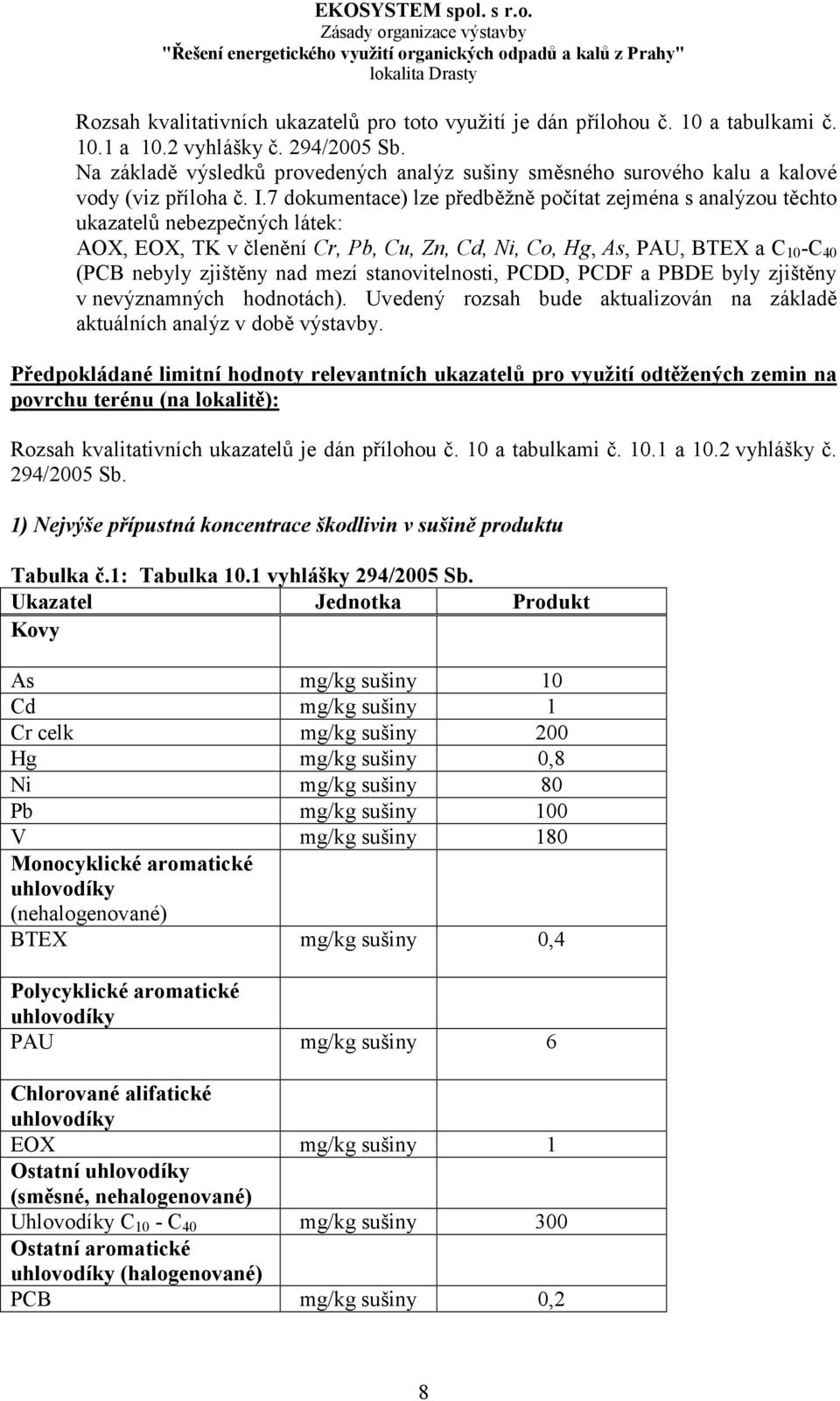 7 dokumentace) lze předběžně počítat zejména s analýzou těchto ukazatelů nebezpečných látek: AOX, EOX, TK v členění Cr, Pb, Cu, Zn, Cd, Ni, Co, Hg, As, PAU, BTEX a C 10 -C 40 (PCB nebyly zjištěny nad