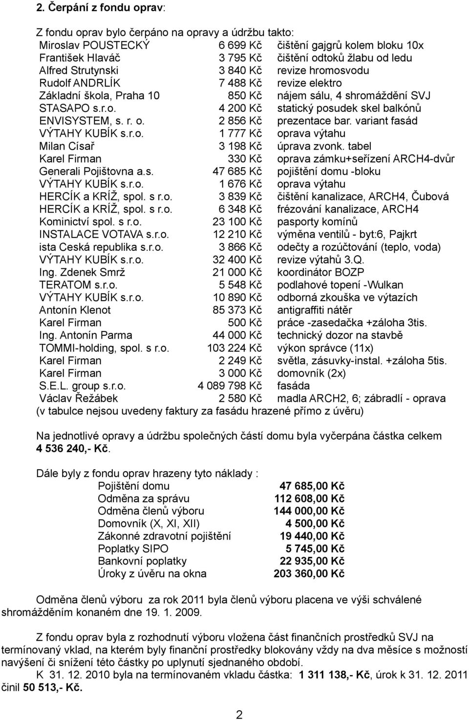 r. o. 2 856 Kč prezentace bar. variant fasád VÝTAHY KUBÍK s.r.o. 1 777 Kč oprava výtahu Milan Císař 3 198 Kč úprava zvonk.