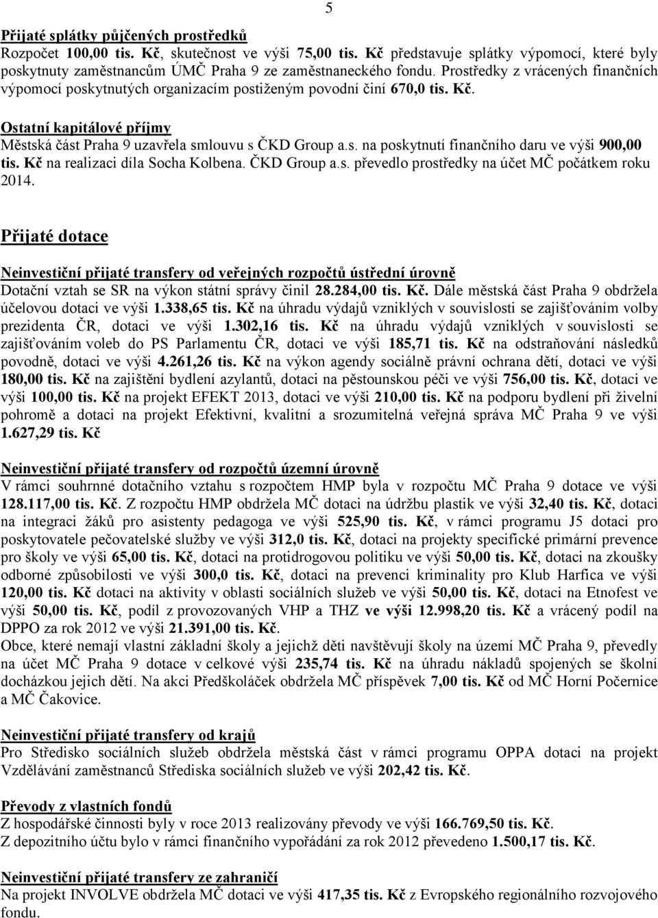 Kč na realizaci díla Socha Kolbena. ČKD Group a.s. převedlo prostředky na účet MČ počátkem roku 2014.