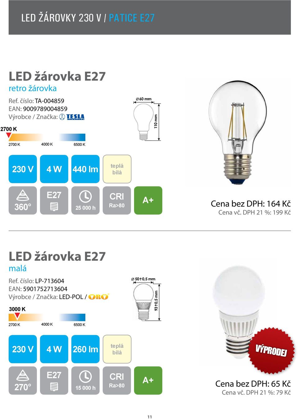 bez DPH: 164 Kč Cena vč. DPH 21 %: 199 Kč LED žárovka E27 alá Ref.