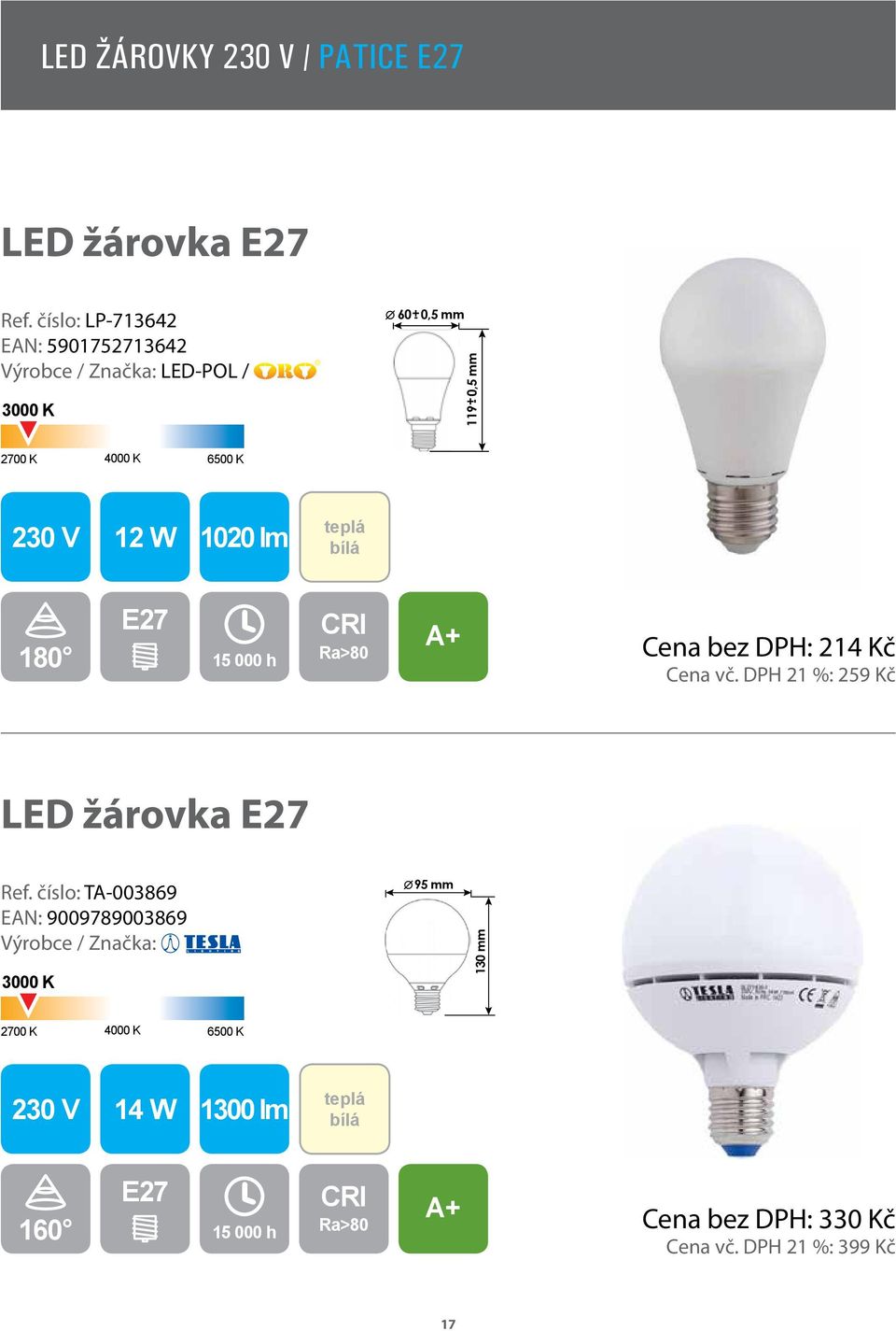 teplá 180 E27 Cena bez DPH: 214 Kč Cena vč. DPH 21 %: 259 Kč LED žárovka E27 Ref.