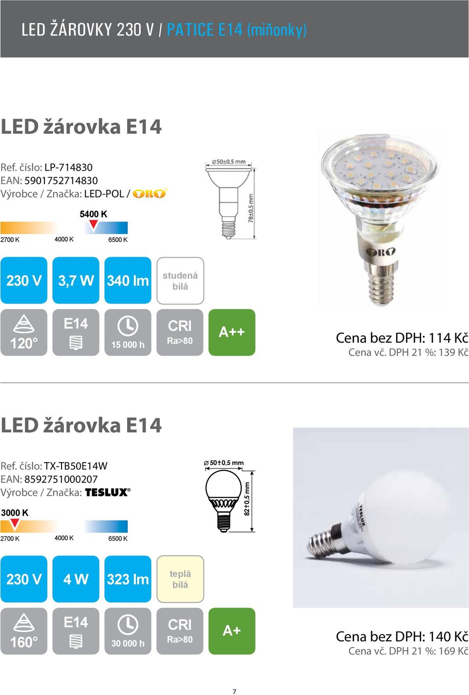 DPH: 114 Kč Cena vč. DPH 21 %: 139 Kč LED žárovka E14 Ref.