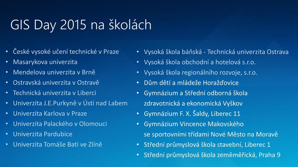 Vysoká škola obchodní a hotelová s.r.o. Vysoká škola regionálního rozvoje, s.r.o. Dům dětí a mládeže Horažďovice Gymnázium a Střední odborná škola zdravotnická a ekonomická Vyškov Gymnázium F.