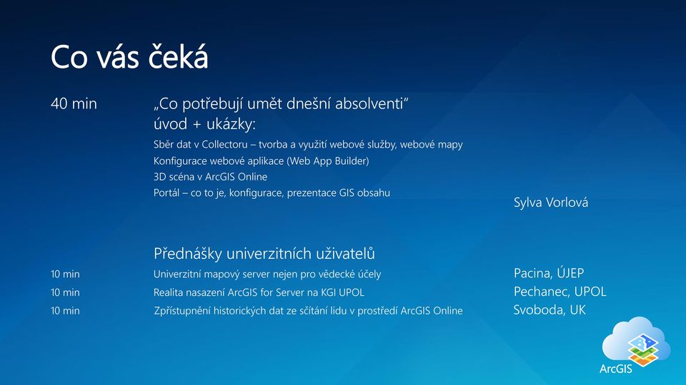 Vorlová Přednášky univerzitních uživatelů 10 min Univerzitní mapový server nejen pro vědecké účely Pacina, ÚJEP 10 min Realita nasazení